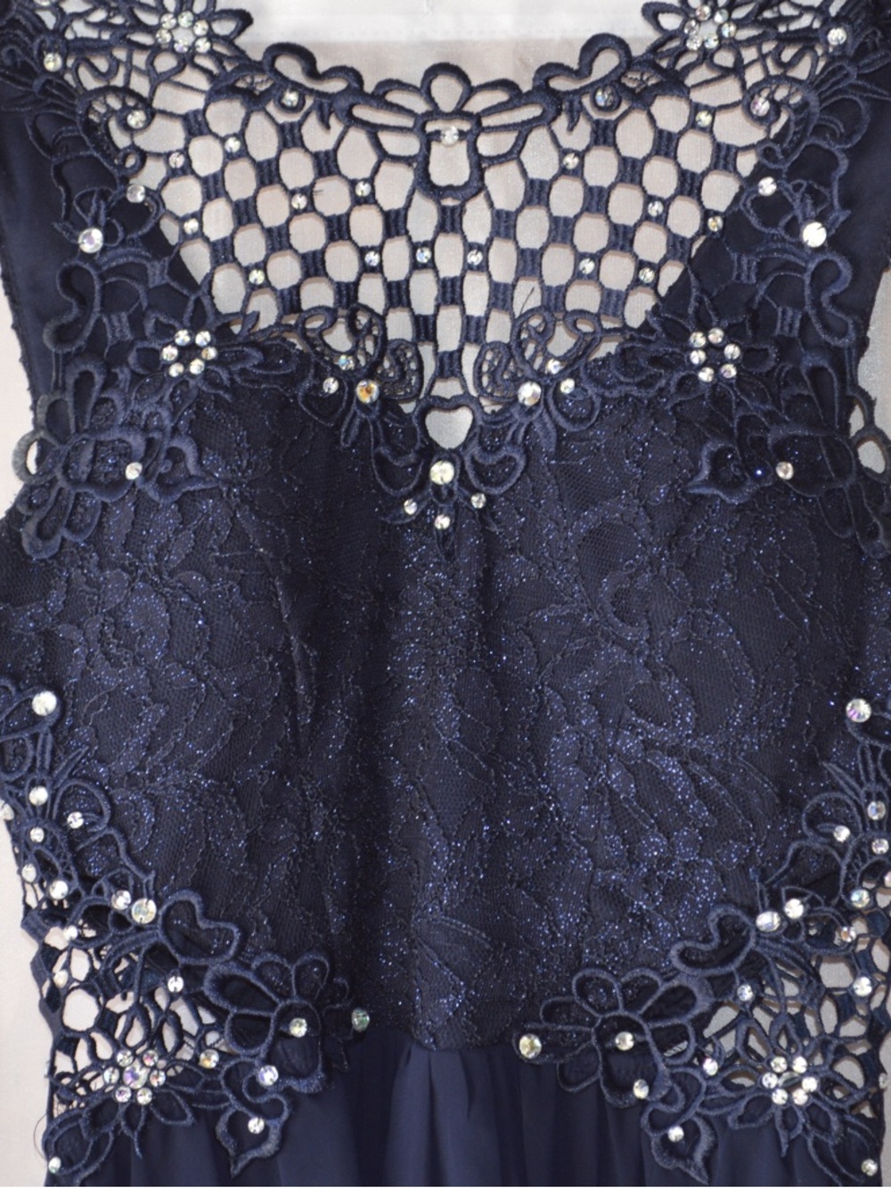 City Studio Navy Blue High-Low Lace Dress with Rhinestone Accents